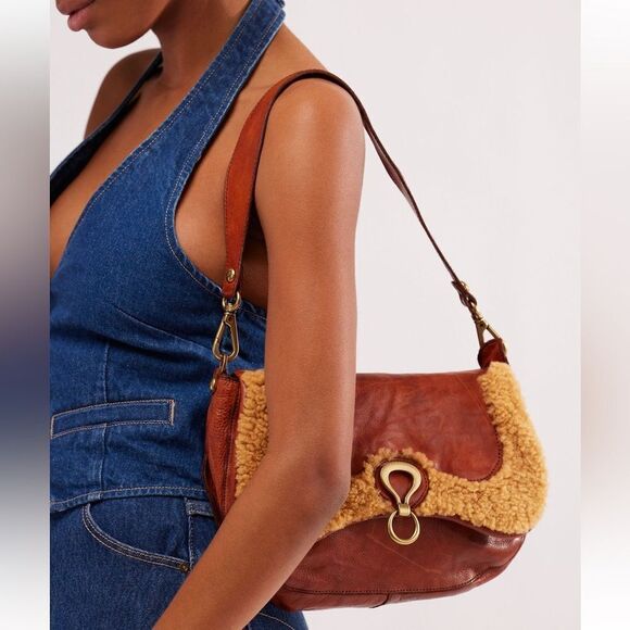 Campomaggi x Free People Salvatore Shearling Trim Leather Shoulder Bag in Cognac - Picture 2 of 15